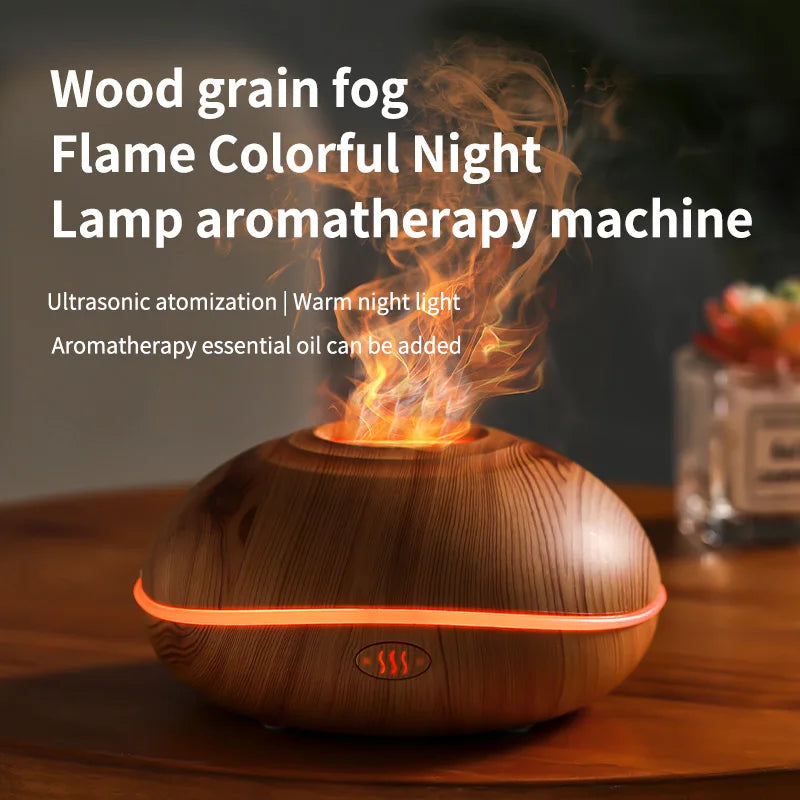 Flame Aroma Diffuser 200ml Wood Grain – Essential Oil Humidifier with Remote & 7-Color LED Light