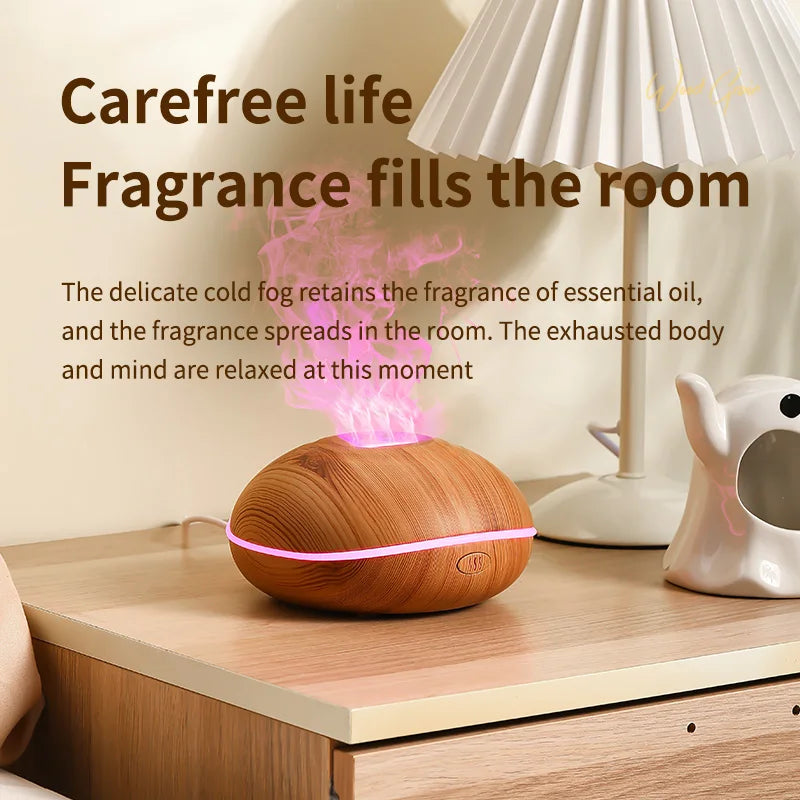 Flame Aroma Diffuser 200ml Wood Grain – Essential Oil Humidifier with Remote & 7-Color LED Light