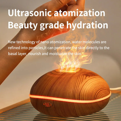 Flame Aroma Diffuser 200ml Wood Grain – Essential Oil Humidifier with Remote & 7-Color LED Light
